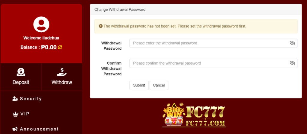 Withdraw at FB777: Fill in the withdrawal password