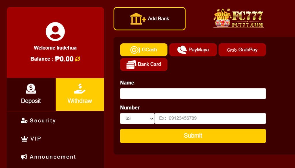 Withdraw at FB777: Fill in the withdrawal bank information